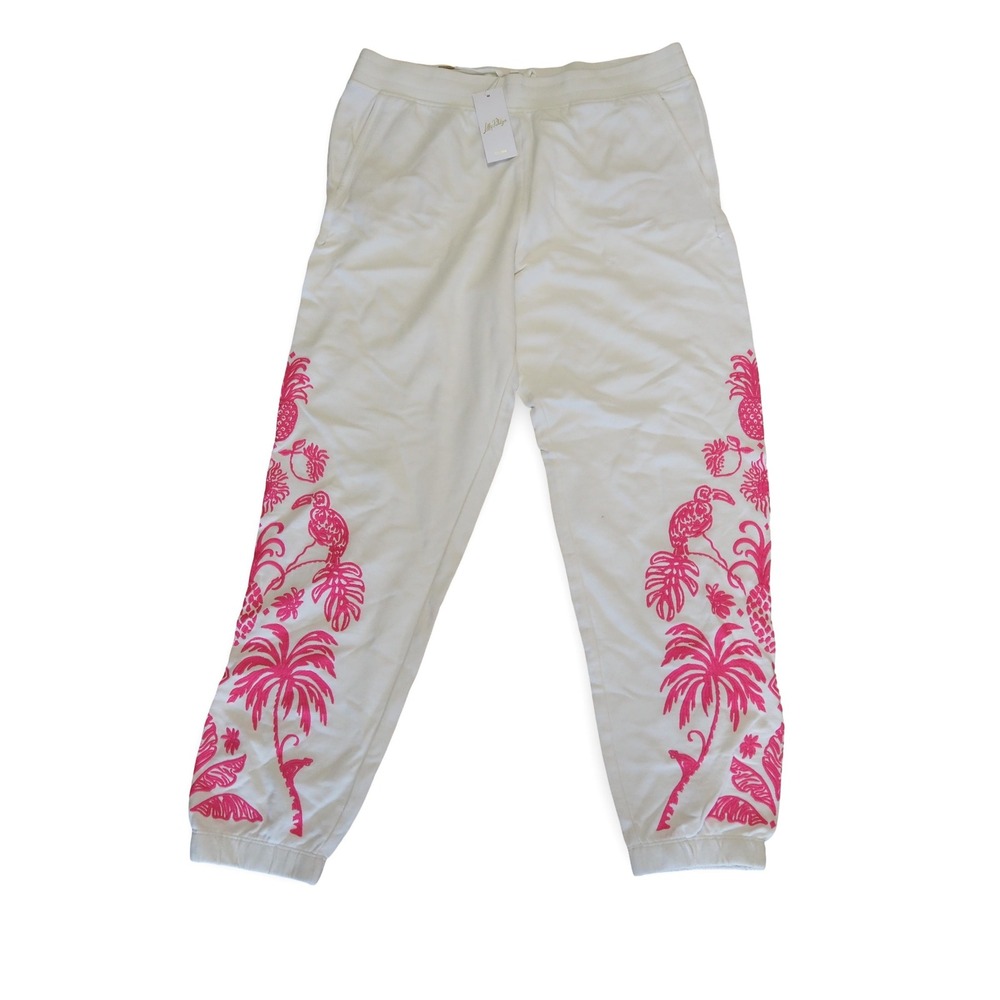 Lilly Pulitzer Silvie Jogger Pants L Coconut Safari Social Pink Embroidered NEW